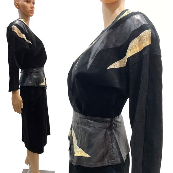 80s Black Suede Leather and Snakeskin Batwing Dress | VTG 10 fits S - Picture 3 of 10